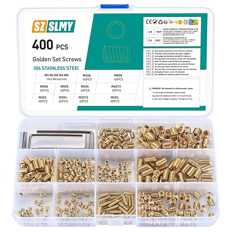Set of 400 Grub Screws Set M3/M4/M5/M6/M8 Grub Screws Assortment Kit Hexagonal Head Screws for Door Handle Door Handle Holder Hexagonal Grub Screws with Hex Key Gold (400)