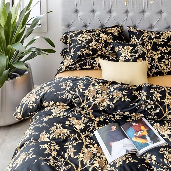 Eikei Eastern Floral Chinoiserie Blossom Print Duvet Quilt Cover Navy Blue Tan White Asian Style Botanical Tree Branches Ornamental Drawing 400TC Egyptian Cotton Bedding Set (Black, Super King)