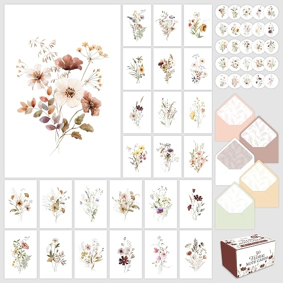 Decorably 50 Pack 4x6in Floral Blank Flower Note Cards with Envelopes and Stickers, 25 Folded Beautiful Designs for Friends, Family and Loved Ones - Birthday, Wedding, Bridal Shower, Gifting, Mailing