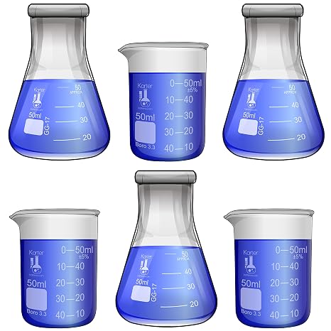 Laboratory Shot Glass Set, 6 Pieces, 50ml Beakers and 50ml Flasks, Borosilicate Glass, Karter Scientific 233V2