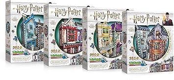 Wrebbit 3D - Harry Potter 3D Puzzle Bundle of Diagon Alley Collection | Ollivanders Wand Shop, Quality Quidditch Supplies, Madam Malkins, Weasleys Wizard Wheezes | 1175 Pieces Jigsaw Puzzle Pieces