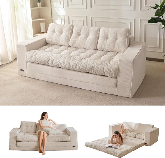 MAXYOYO Convertible Sofa Bed, Pull Out 3 Seater Sleeper Sofa, 2 in 1 Folding Couch Bed, Fold Out Floor Couch with Pillows, Beige
