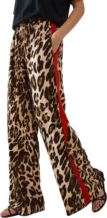 LIWEIKE Women's Leopard Print Pants Drawstring Wide Leg Pants with Pockets