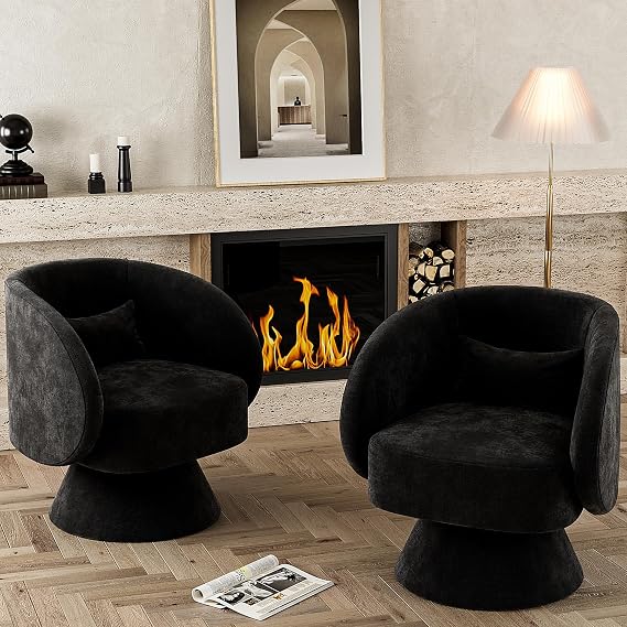 Swivel Barrel Chair Set of 2, Upholstered Swivel Cuddle Accent Chairs for Living Room, Comfy 360 Degree Modern Small Round Armchair for Bedroom, Office (Black, Linen)