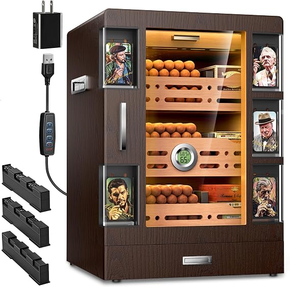 XIFEI Cigar Humidor Cabinet with 5 Acrylic Display Cases, Adjustable LED Lighting, Cedar Wood Shelves & Drawer, Digital Hygrometer, 3 Humidifiers, 100-150 Capacity Desktop Cigar Humidor for Gifts