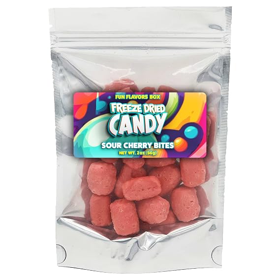 Fun Flavors Box Freeze Dried Candy, Freeze Dried Sour Cherry Bites, Unique, Exotic Crunch Snack Treats, Party Favor Gift Idea 2 oz