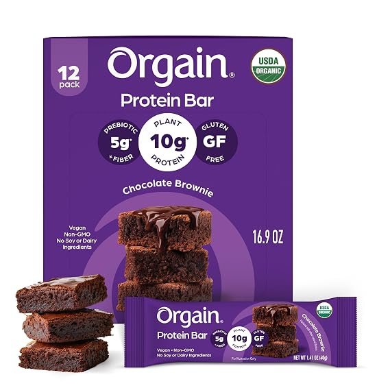 Orgain Organic Vegan Protein Bars, Chocolate Brownie - 10g Plant Based Protein, Low Calorie Healthy Snacks, No Lactose or Soy Ingredients, Gluten Free, Non-GMO - 1.41 Oz (Pack of 12) | Plant-based protein, low calorie healthy snacks, gluten free, non-GMO, no soy or lactose ingredients, 1.41 oz bars