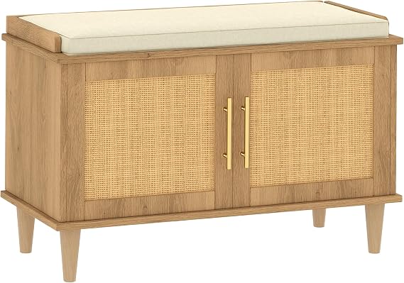 Akxomel 31.5" Rattan Shoe Storage Bench 2 Doors Wooden Entryway Bench Oak