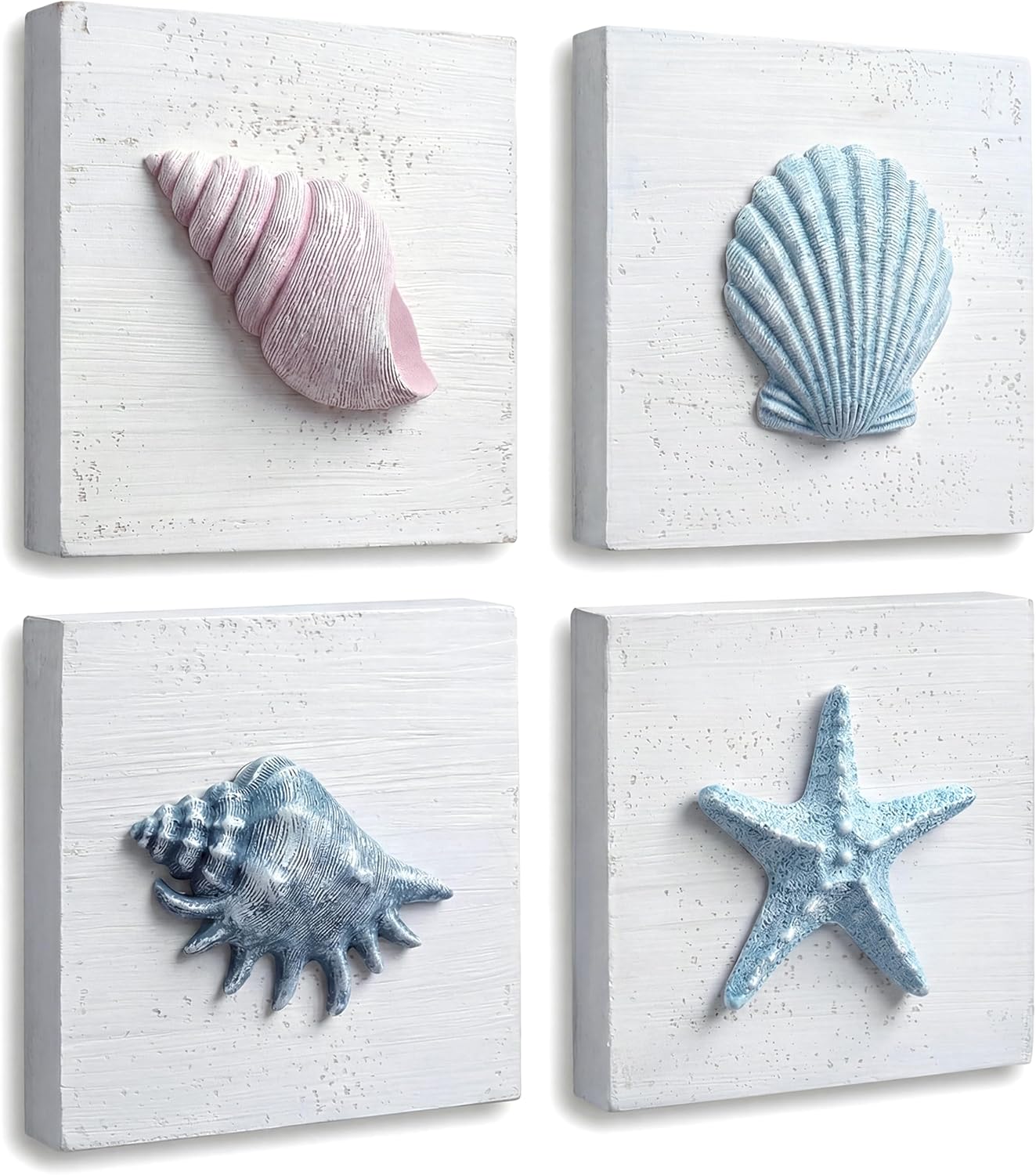 TideAndTales Beach Decor Seashell Wall Art - (Set of 4) Textured 3D Shells and Starfish Decorations for Home or Beach House, Rustic Ocean Theme Coastal Bedroom or Bathroom Wall Decor 6" x 6"