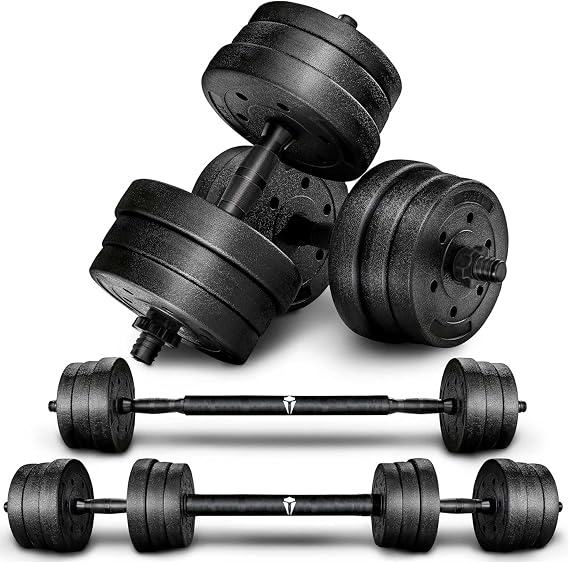 Adjustable weights set for men and women—10kg, 20kg, 30kg. 2-in-1 dumbbells and barbell for strength training, weight lifting, bodybuilding, and effective full-body home workouts.