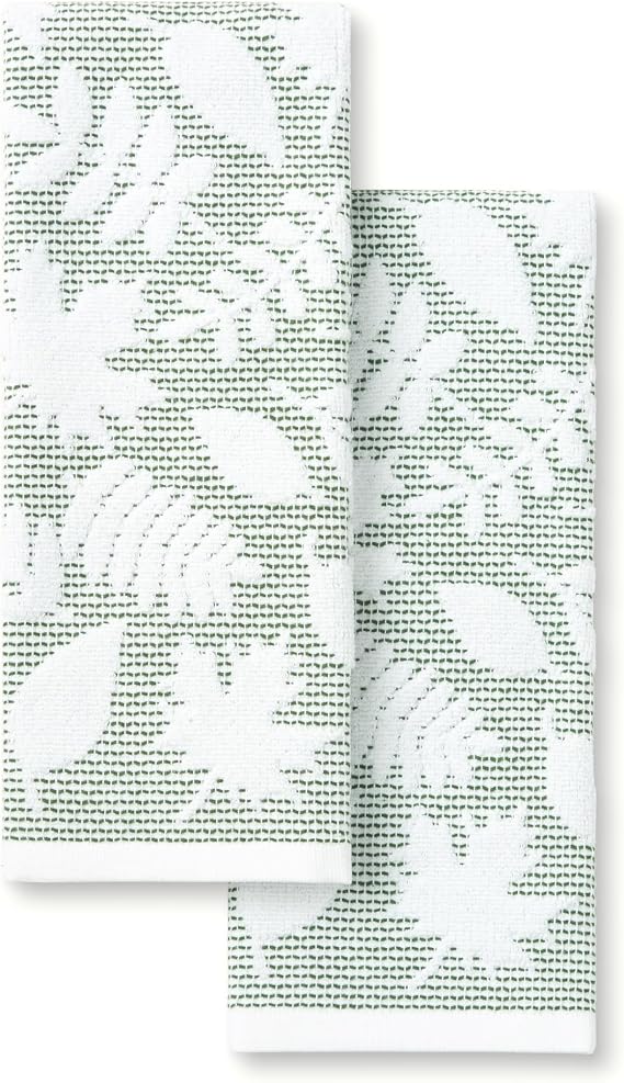 Martha Stewart Woodland Harvest Jacquard Leaves Kitchen Towel 2-Pack Set, 100% Cotton with Absorbent Honeycomb Texture, Decorative Kitchen Towels, Green, 16"X28"
