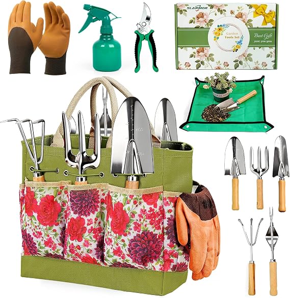 Garden Tools Set 10-Piece, Heavy Duty Gardening Tools Kit for Women & Men with Stainless Steel Hand Tool, Pruning Shears, Gloves, Bag - Ideal Gardening Gifts for Women & Gardeners | 10 PCS Gardening Essentials, Stainless Steel Hand Tools Tote Bag, Well-Designed Gardening Supplies Gifts for Women Gardeners