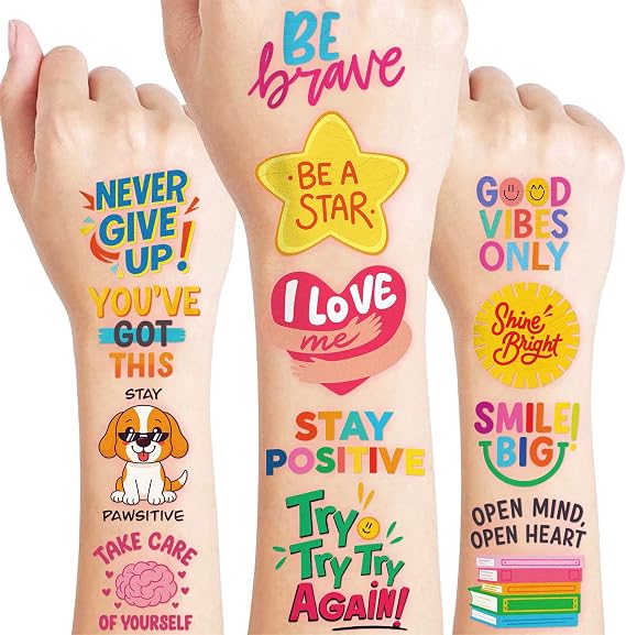 96 PCS Motivational Pre-Cut Temporary Tattoos for Kids | | Inspirational Themed Birthday Party Favors, Supplies, Decorations, Fake Tattoo Stickers, School Rewards & Gifts Boys & Girls