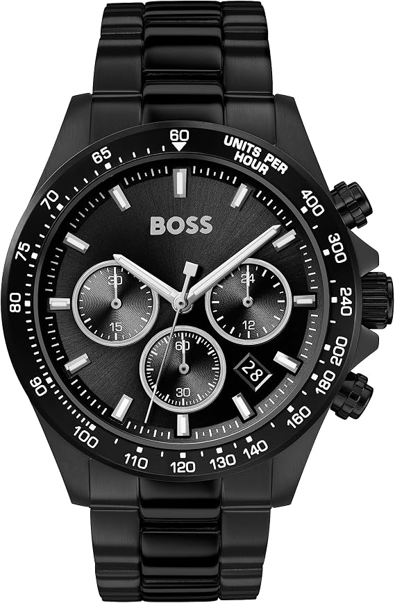 BOSS Men's 43 mm Chronograph Quartz Watch Hero Collection with Stainless Steel Bracelet Link or Mesh, Date Function, 3 Sub-Dials, 5ATM Water Resistant