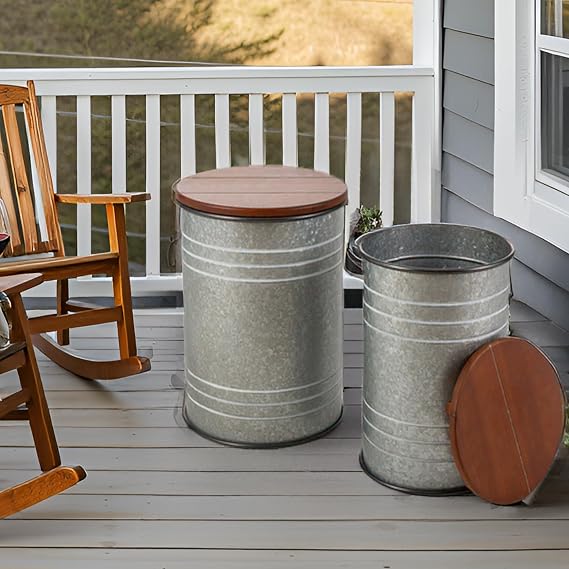 Glitzhome Farmhouse Accent Side Table, Metal Storage Stool Ottoman with Round Lid - Galvanized Coffee Cocktail End Tables Set of 2 for Living Room Bedroom, Grey