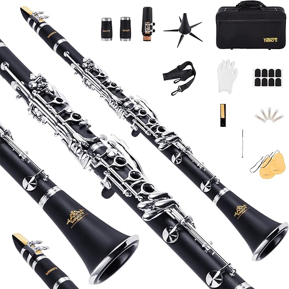 YANASON Bb clarinet for beginners, Bb nickel-plated 17-keys clarinet, suitable for students, professionals, school bands with Hard Foam Case