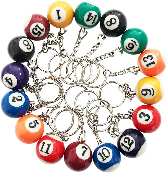 Colorful Billiard Ball 16 Pcs,Mini Key Chain Balls Eightball Billar Chains Accessories