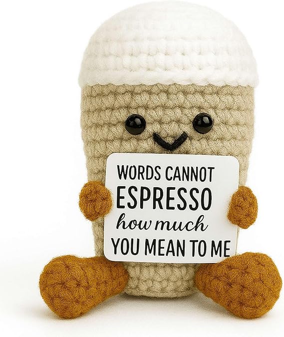 Funny Positive Coffee - Emotional Support Crochet Plush Dolls Handcraft Crochet Plushies Desk accesories Crochet Positive Coffee Gift for Anxiety & Stress Relief
