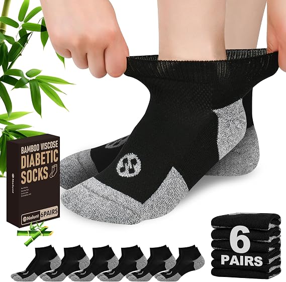 Diabetic Socks for Men,6 Pairs Low Cut Diabetic Neuropathy Socks for Men 9-12/10-13(Black-Large)