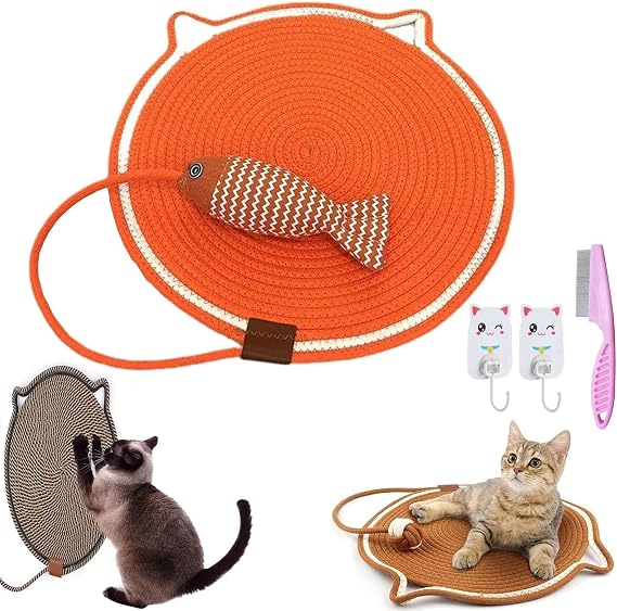 Celery Pets Dual Scratching Pad, Dual Scratching Pad with Ball, Natural Cotton Rope Cat Scratching Pad, 16.9/19.7in Cat Scratcher Mat for Wall, Couch, Carpets, Sofas (Orange with Fish, 19.7")