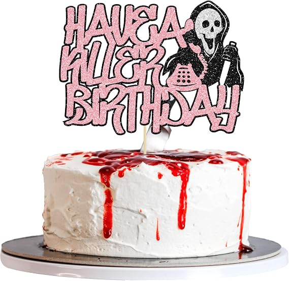 Gyufise 1Pcs Have a Killer Birthday Cake Topper Assembled Glitter Horror Classic Halloween Cake Pick for Bloody Horror Theme Birthday Halloween Party Cake Decorations Supplies Pink