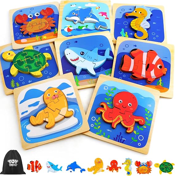 TOY Life Wooden Puzzles for Toddlers 2-4, Sea Animals Puzzles for Toddlers 1-3, Wood Puzzles Educational Montessori Toys Gifts for 1 2 3 Year Old, Baby Kids Learning Toy