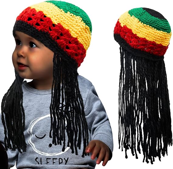 Geyoga Halloween Baby Rasta Hat with Black Dreadlocks African American Wig Rasta Wig with Dreads Funny Beanie Jamaican Dreadlocks Hat Kid Costume Headwear Party Favor Accessories, Size 15.75