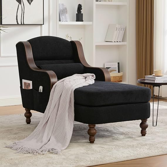 Black Chaise Lounge Chair Indoor for Bedroom, Upholstered Chase Lounge Chair with Side Bags, Bedroom Chaise with High Back for Pressure Relief, Chenille, 500 LBS (Black)