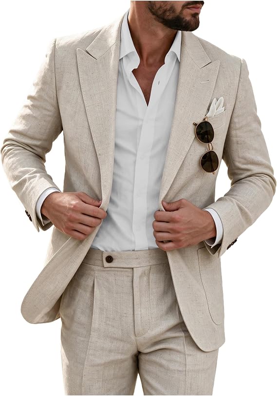 Men's Linen Suits 2pcs Slim Fit Beach Wedding Tuxedo Groomsmen Suit for Men