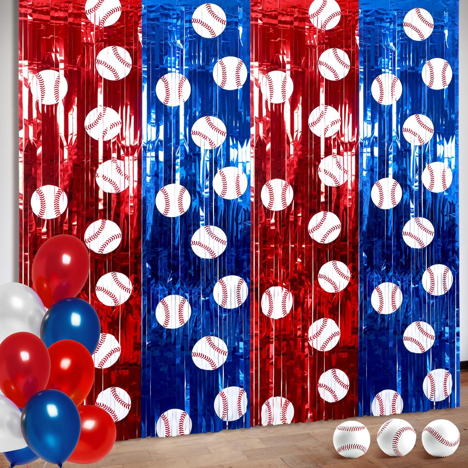 Soulchen 2 Pack Baseball Birthday Party Decorations 3.3 x 6.6 ft Baseball Backdrop Red Blue White Sports Foil Fringe Curtain Photo Props Sports Birthday Banner Party Supplies
