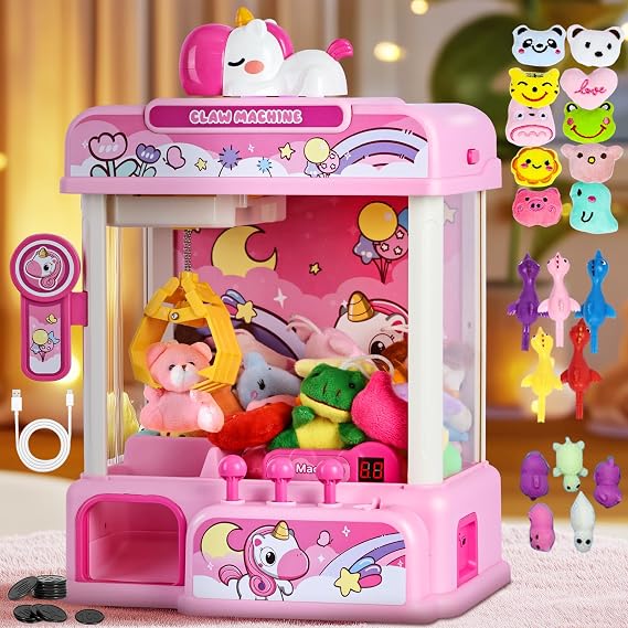 CWLAKON Claw Machine for Kids, Candy Grabber Catching Machine Unicorn Toys with Sound & 20 Mini Toys, Mini Vending Sweet Dispenser Grab Machine Arcade Games for Girls Boys Christmas Birthday Gift Pink
