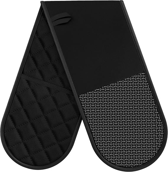 Oven Gloves Heat Resistant, Anti-Slip Silicone Oven Glove for Cooking | Black Double Oven Gloves, Heat Proof Gloves, Silicone Oven Mitts Featuring Breathable Cotton Lining for Dessert Making, BBQ