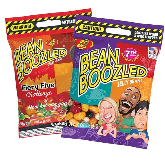 Sweetzo - Bean Boozled - Fiery Five 7th Edition Assorted Flavor Jelly Beans, Individually Bagged Weird Flavored Chewy Candies, Refill Bags for Dispensers - Spinner Challenge Games, Set of 2