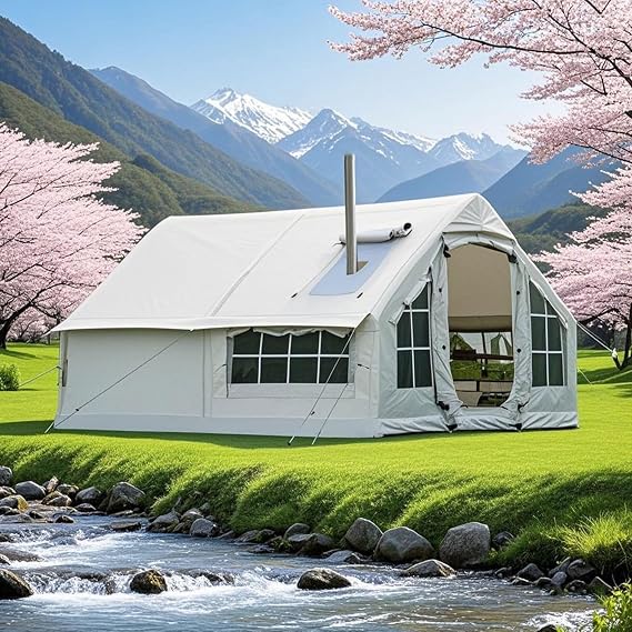 6-8 Person Inflatable Tent for Camping with Windows and Pump Air Glamping Tents for Camping Adult Easy Setup 4 Season Blow Up Tent Waterproof Windproof Outdoor Oxford Cabin Tent