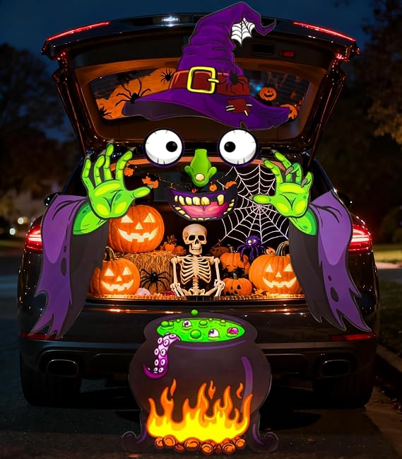 Halloween Witch Trunk or Treat Car Decoration Kit Large Witch Sticker with Huge Witch Hat, Eyes, Nose, Mouth, Hands, Jar, Balloons for SUV, Door, Car Archway Garage Outdoor Party Halloween Decorations