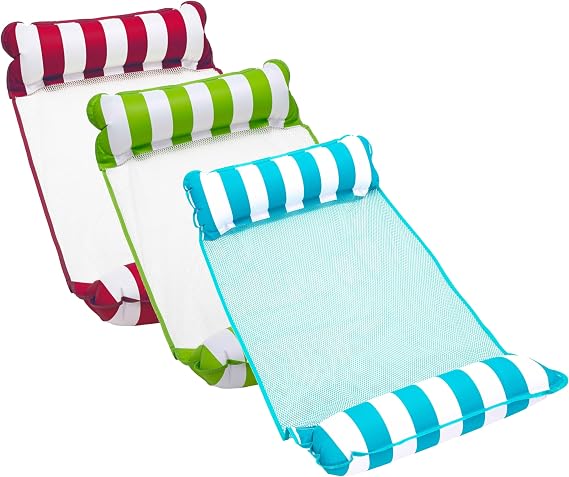 Aqua Monterey Hammock Pool Float - Three Pack - Light Blue, Lime Green & Burgundy/White Stripe, 3-Pack