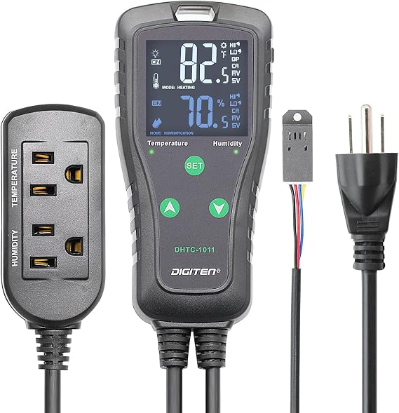 DHTC-1011 Temperature Humidity Controller, Dual Relay for Heating/Cooling & Humidify/Dehumidify, 10A 110V Plug & Play