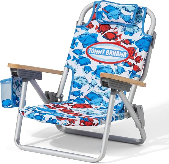 Tommy Bahama Kid's 5-Position Lay Flat Backpack Folding Beach Chair, Solid Navy Wavy Marlin