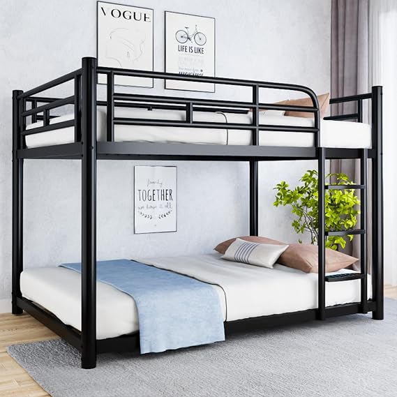 erosoei Metal Bunk Bed, Full Over Full Bunk Beds with Removable Wide Ladder -Length Guardrails, Low Bunk Bed Frame with Mute Design for Undisturbed Sleep for Adults, Kids and Young Teens