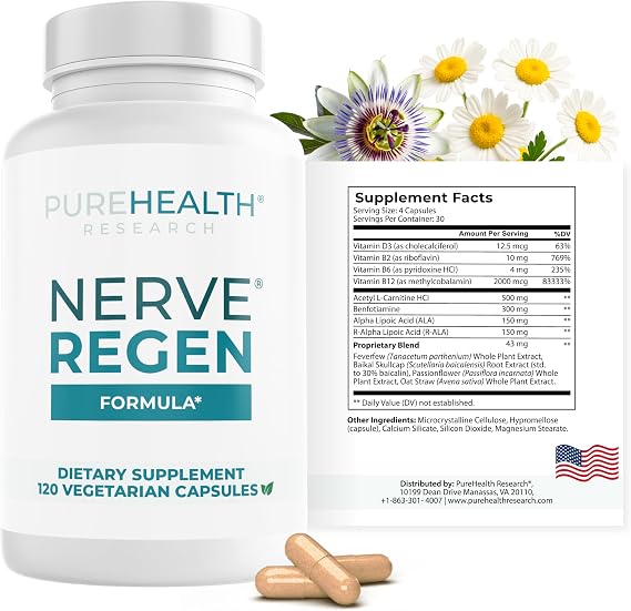 PUREHEALTH RESEARCH Nerve Regen Formula - Nerve Support Supplement for Feet & Hands - with Alpha Lipoic Acid ALA, Benfotiamine, Acetyl L-Carnitine, Riboflavin, Vitamin B6, B12, D3 & More- 120 Capsules