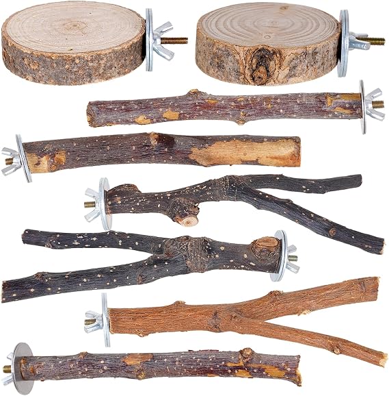 8 Pieces Bird Perch Natural Wooden Parrot Perch Stand Fork Toys Hanging Multi-Branch Perches Platform Hammock Swing Toy for Macaws, Small Parakeets, Conures, Budgies, Finches (A-Color, Mix)