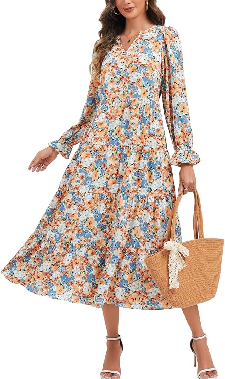 Kormei Long Sleeve Dress for Women 2025 Fall V Neck Tiered Elegant Empire Waist Flowy Wedding Guest Maxi Dresses