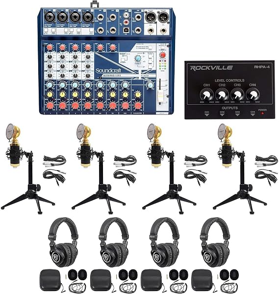 Soundcraft Notepad-12FX Mixer w/USB Interface Bundle with PRO-M50 Headphones w/Coil Cable, RCM02 Recording Mic+Shock Mount, RDTS Desktop Tripod Stand and RHPA4 Headphone Amplifier Stereo