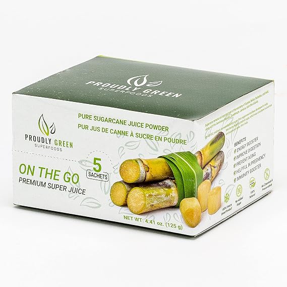 PROUDLY GREEN Freeze Dried Sugar cane Juice Powder, Made from 100% Whole Sugarcanes, Freeze Dried and Powdered Sugarcane Juice, 4.41 Ounces, 5-Day Supply, Raw, Grown in India, Product of India, no Added Sugar