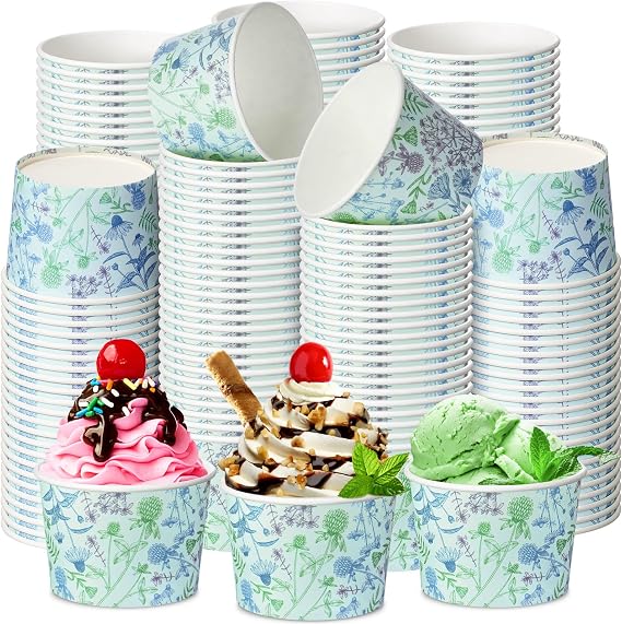 Zhehao 60 Pcs Floral Ice Cream Paper Cups 9 oz Floral Disposable Dessert Bowls Snack Cups for Birthday Ice Cream Baby Showerparty Supplies