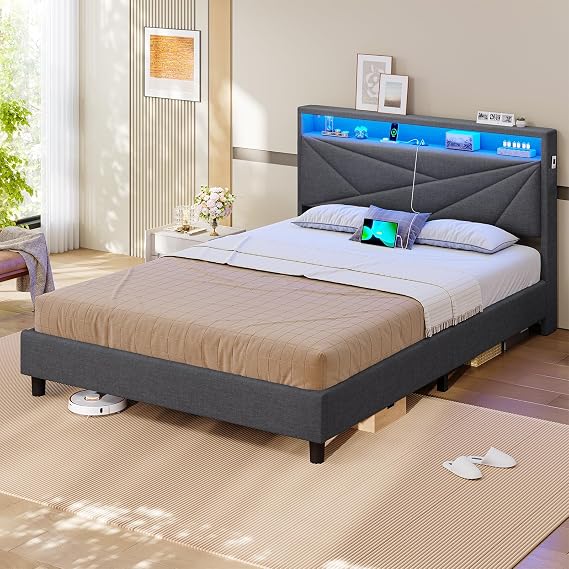 KIMENICH Double Bed Frame, Upholstered Bed 135 x 190 cm with LED Lighting, Upholstered Headboard with Sockets, Wood Slat Support, Easy Assembly, Linen Grey