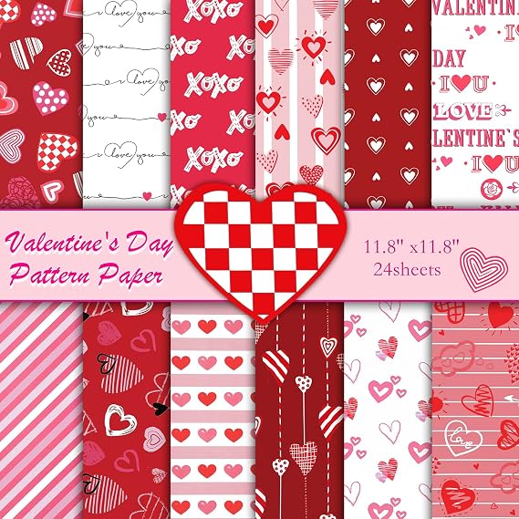 Konsait 24 Sheets Valentines Day Scrapbook Paper 12x12 Double Sided Decorative Cardstock Craft Paper for Card Making Anniversaries Pink Patterned Papers Red Origami Papers Valentine Scrapbook Supplies