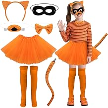 codree 7 Pcs Orange Cat Costume Accessories Set, Halloween Orange Cats Cosplay Outfits, Cats Ear Headband Nose Tail Bowtie Black Mask Tutu Skirt Socks Set for Halloween Book Day Role Play