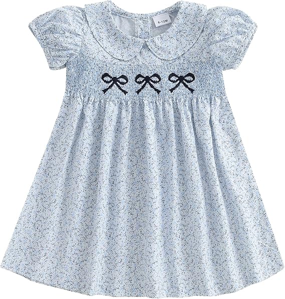Toddler Baby Girl Summer Clothes Polo Short Sleeve Bow Embroidery Floral Dress Princess A-line Sundress