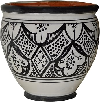 Handmade Ceramic Flower Pot Moroccan Indoor Outdoor Mediterranean Spanish Style Garden Drain Hole Planter White & Black